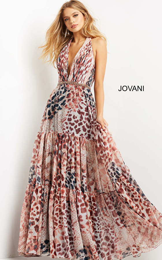 Jovani 06088 Animal Print Plunging Neck Chiffon Evening Dress